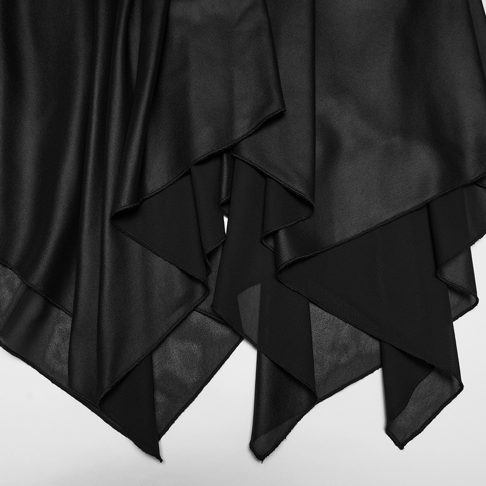 Close-up of the handkerchief hem of the Black Gothic Moon Zip Handkerchief Hem Midi Dress showcasing its fluid black layers.