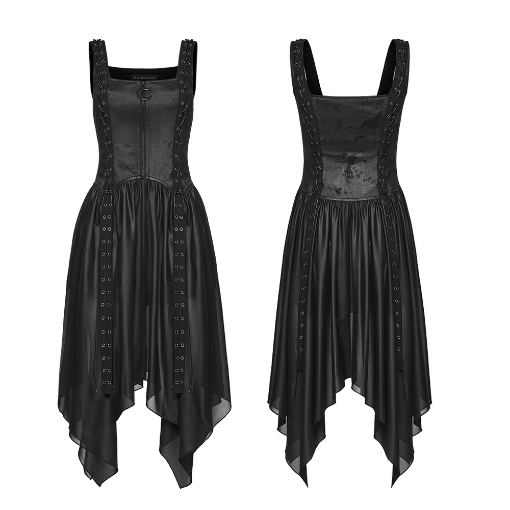 Black Gothic Moon Zip Handkerchief Hem Midi Dress showcasing a unique punk style with crescent zip and lacing details.