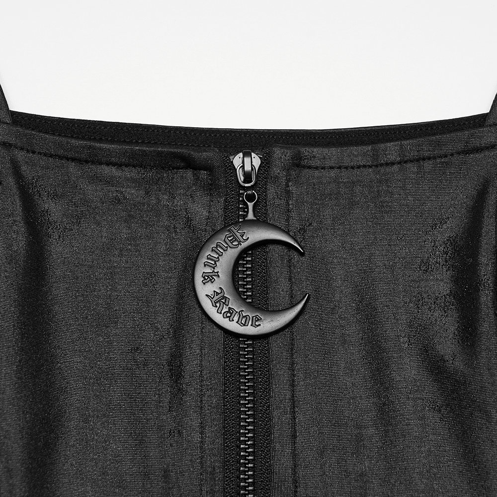 Black Gothic Moon Zip Handkerchief Hem Midi Dress featuring a crescent moon pendant zipper.