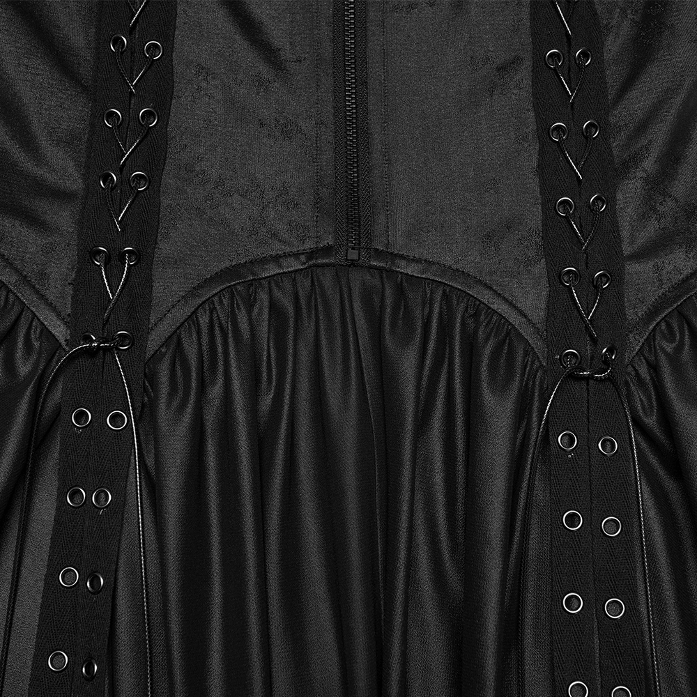 Black Gothic Moon Zip Handkerchief Hem Midi Dress detailing with side lacing and eyelets for a punk night look.