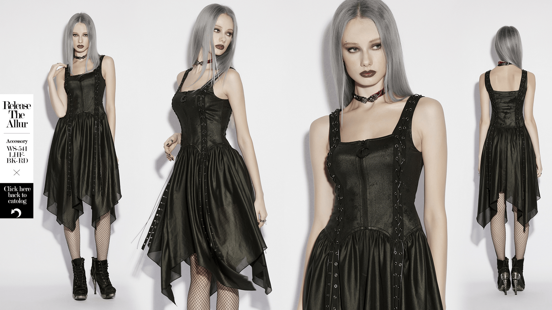 Black Gothic Moon Zip Handkerchief Hem Midi Dress showcased with stylish model in chic urban setting.
