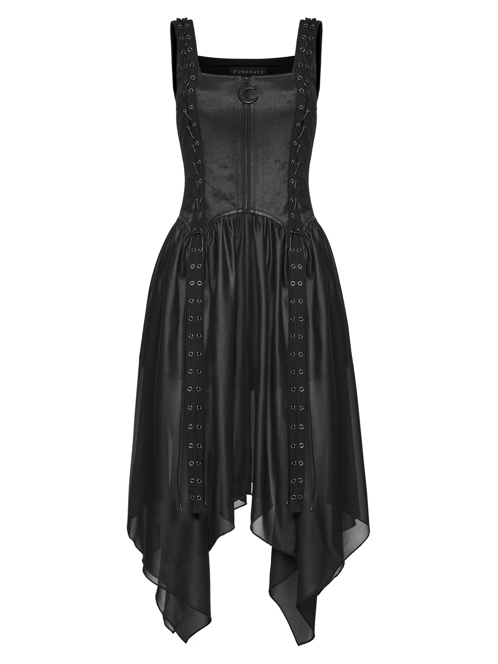Black Gothic Moon Zip Handkerchief Hem Midi Dress Black Gothic Moon Zip Handkerchief Hem Midi Dress