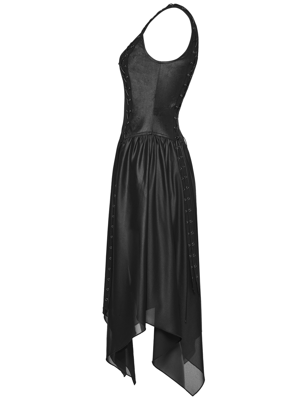 Black Gothic Moon Zip Handkerchief Hem Midi Dress featuring side lacing and airy chiffon hem for punk style.