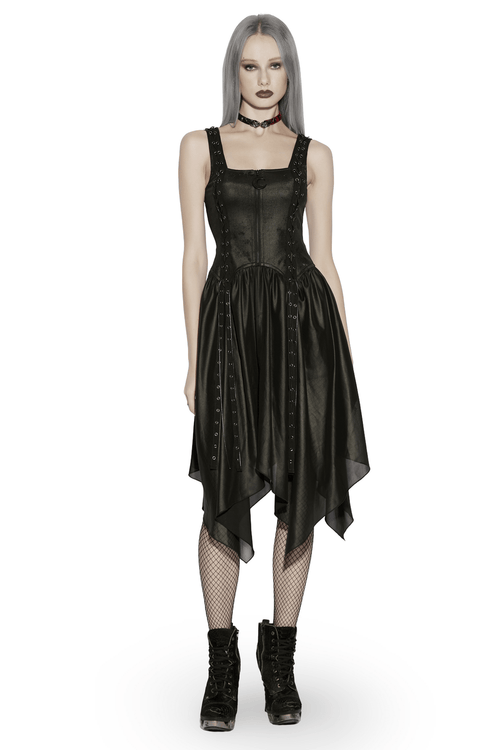 Black Gothic Moon Zip Handkerchief Hem Midi Dress