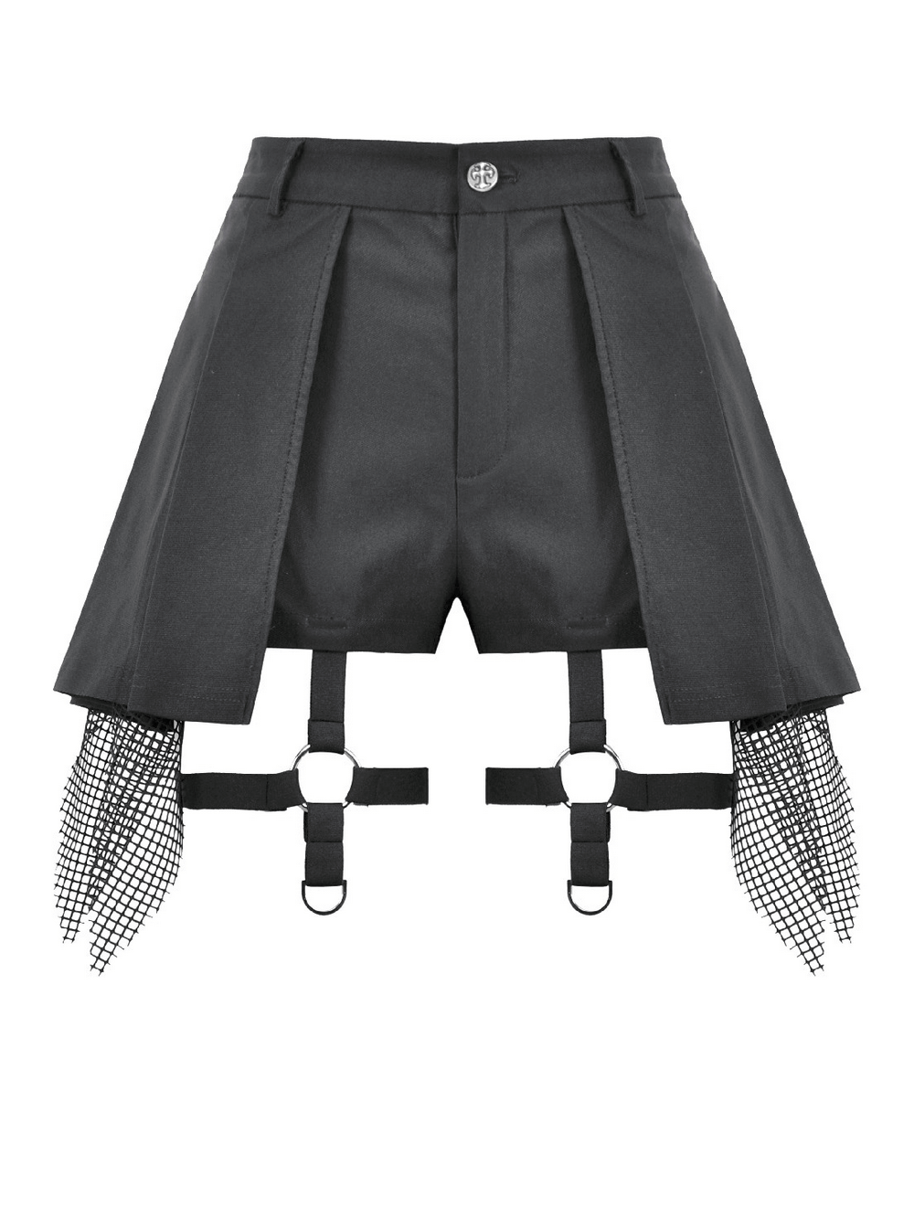 Black Gothic Netting Suspended Shorts with Belt and Pockets showcasing mesh detail and adjustable belt design.