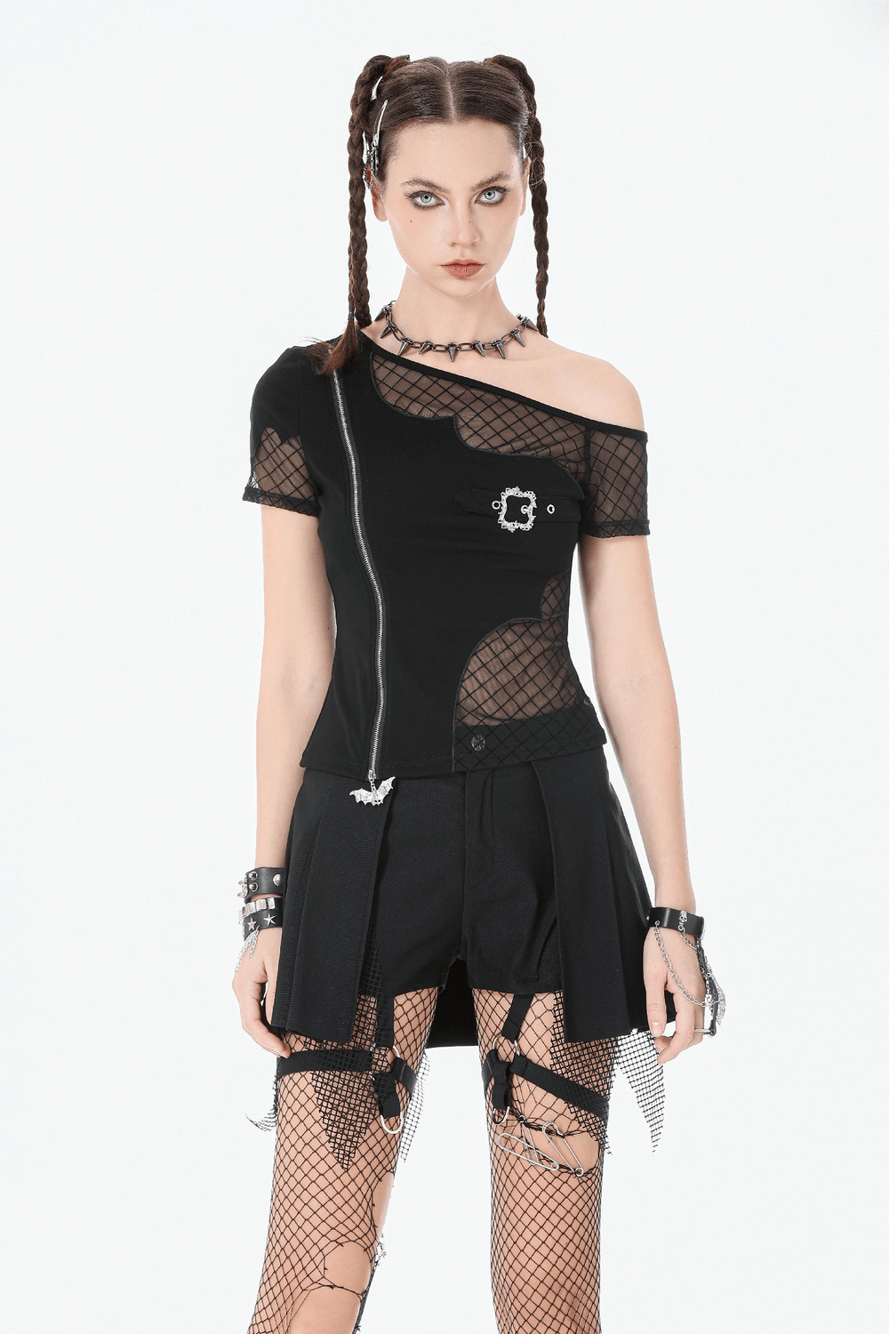 Black Gothic Netting Suspended Shorts with Belt and Pockets, featuring mesh detail and edgy design.