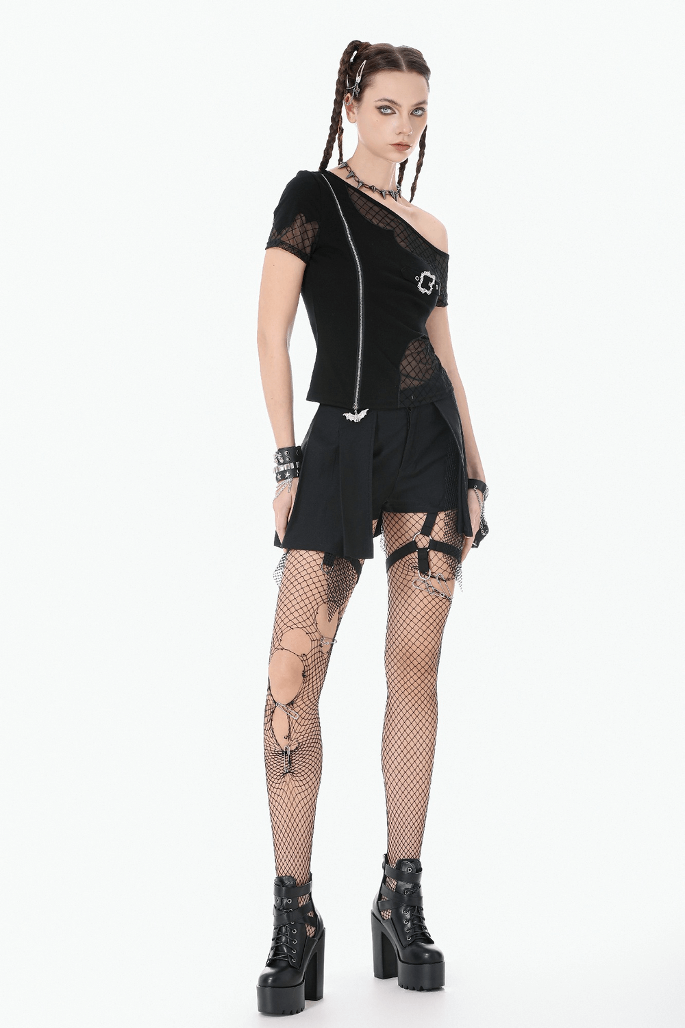 Black Gothic Netting Suspended Shorts with Belt and Pockets, featuring a bold style and edgy mesh detail.