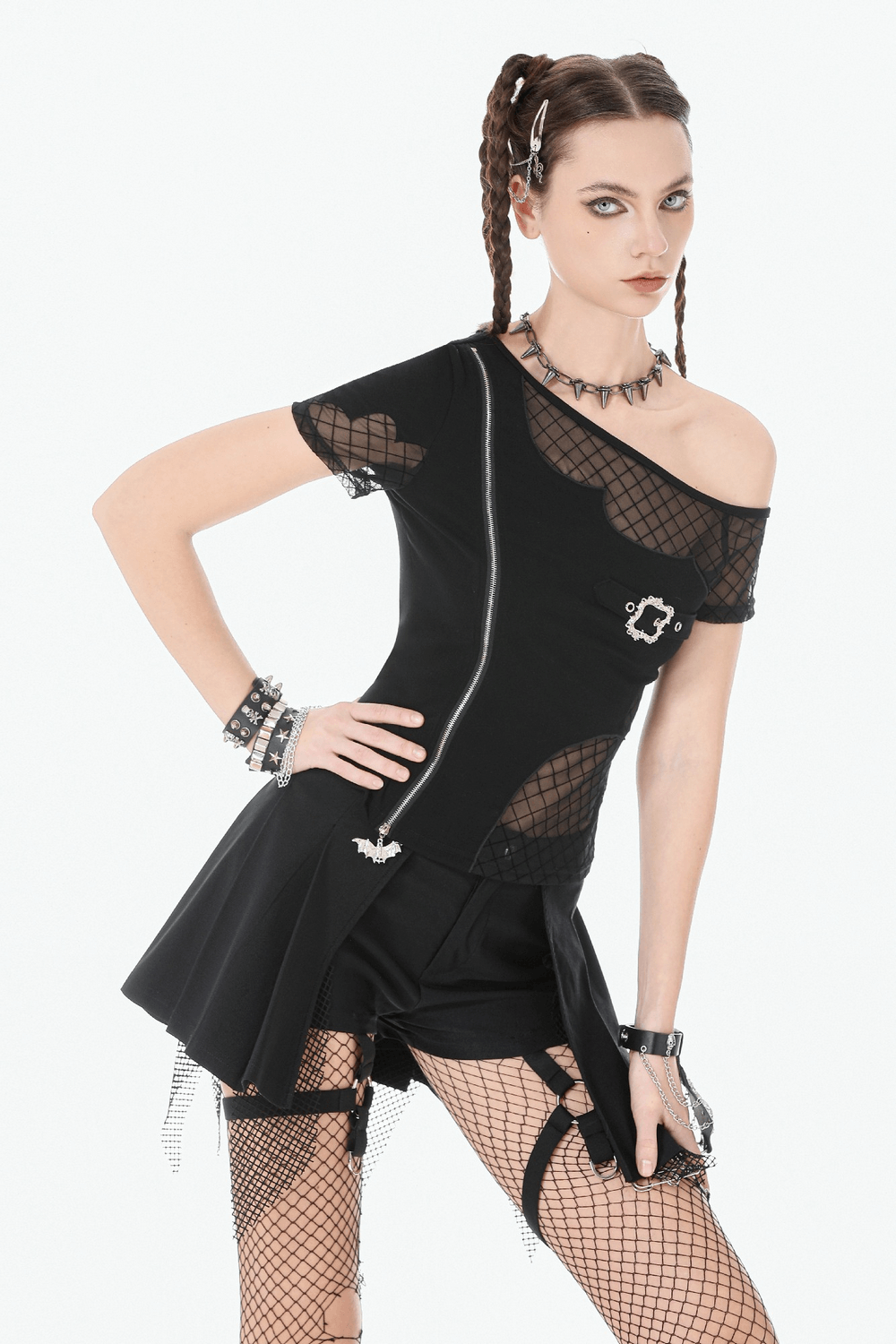 Black Gothic Netting Suspended Shorts with Belt and Pockets worn by a model with edgy accessories and mesh details.