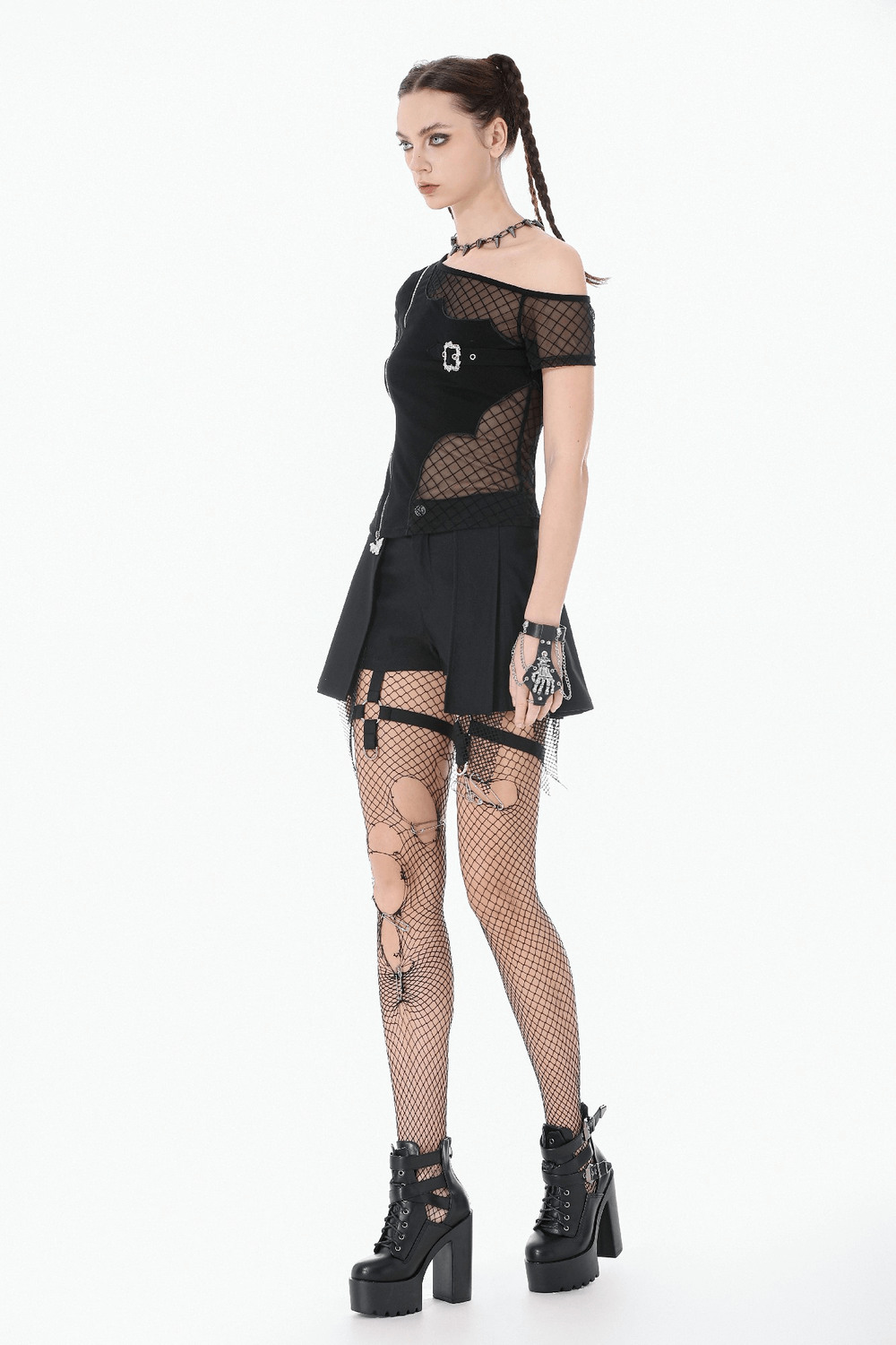 Black Gothic Netting Suspended Shorts with Belt and Pockets worn with edgy accessories and fishnet tights.