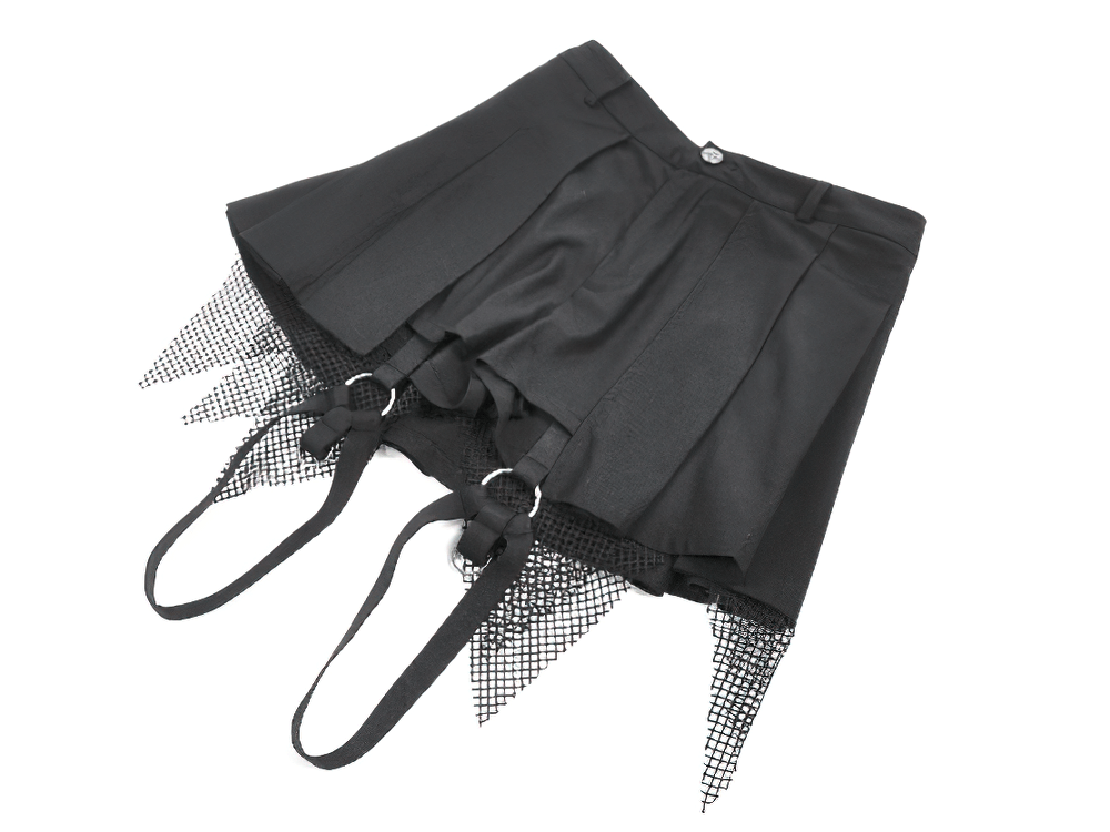 Black Gothic Netting Suspended Shorts with Belt and Pockets featuring mesh detail and adjustable belt.