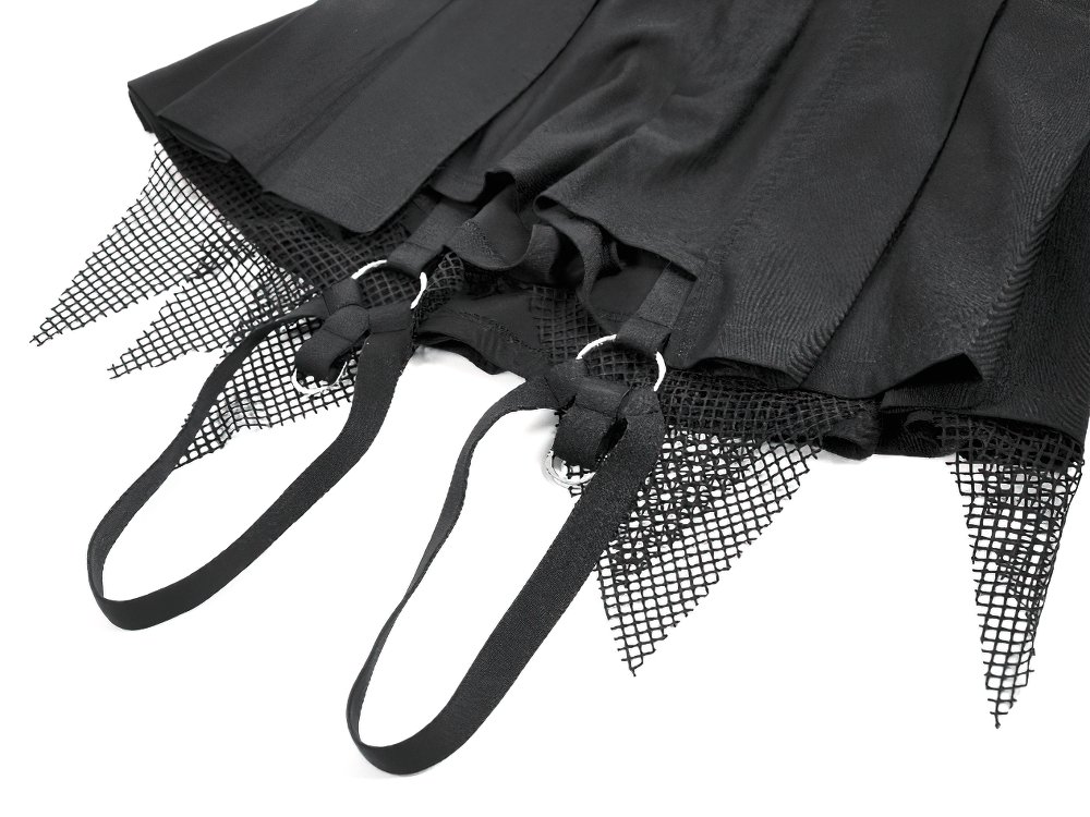 Black Gothic Netting Suspended Shorts with Belt and Pockets close-up showing mesh detail and adjustable straps.
