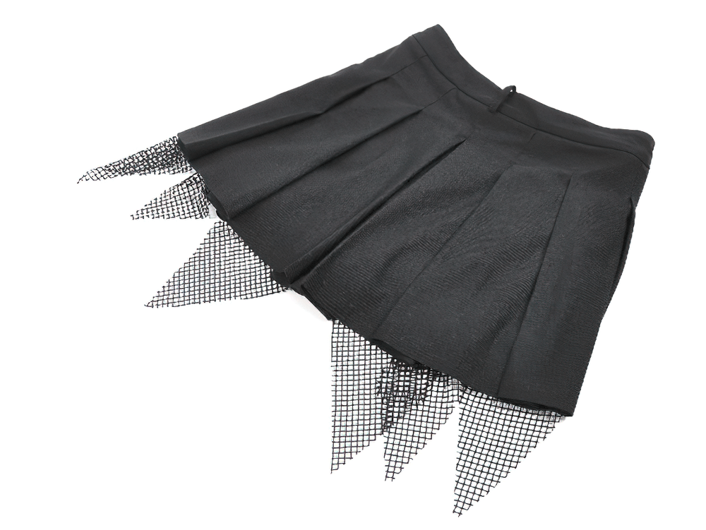 Black Gothic Netting Suspended Shorts with Belt and Pockets showcased with netting detail and structured design.