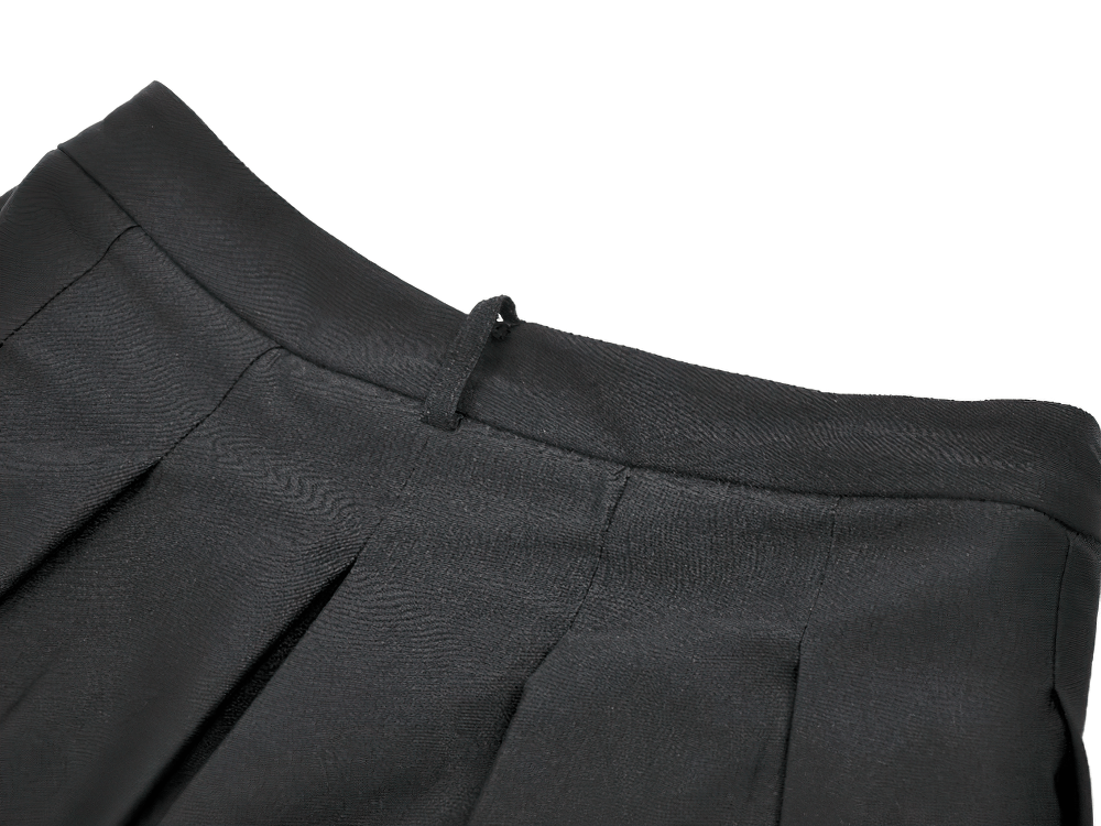 Black Gothic Netting Suspended Shorts with Belt and Pockets close-up of waistband detail and pleats