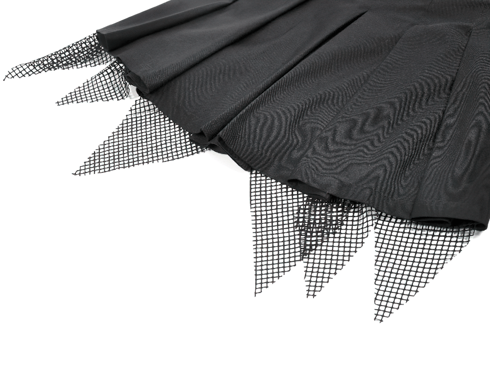 Black Gothic Netting Suspended Shorts with Belt and Pockets showcasing mesh detail and structured design.