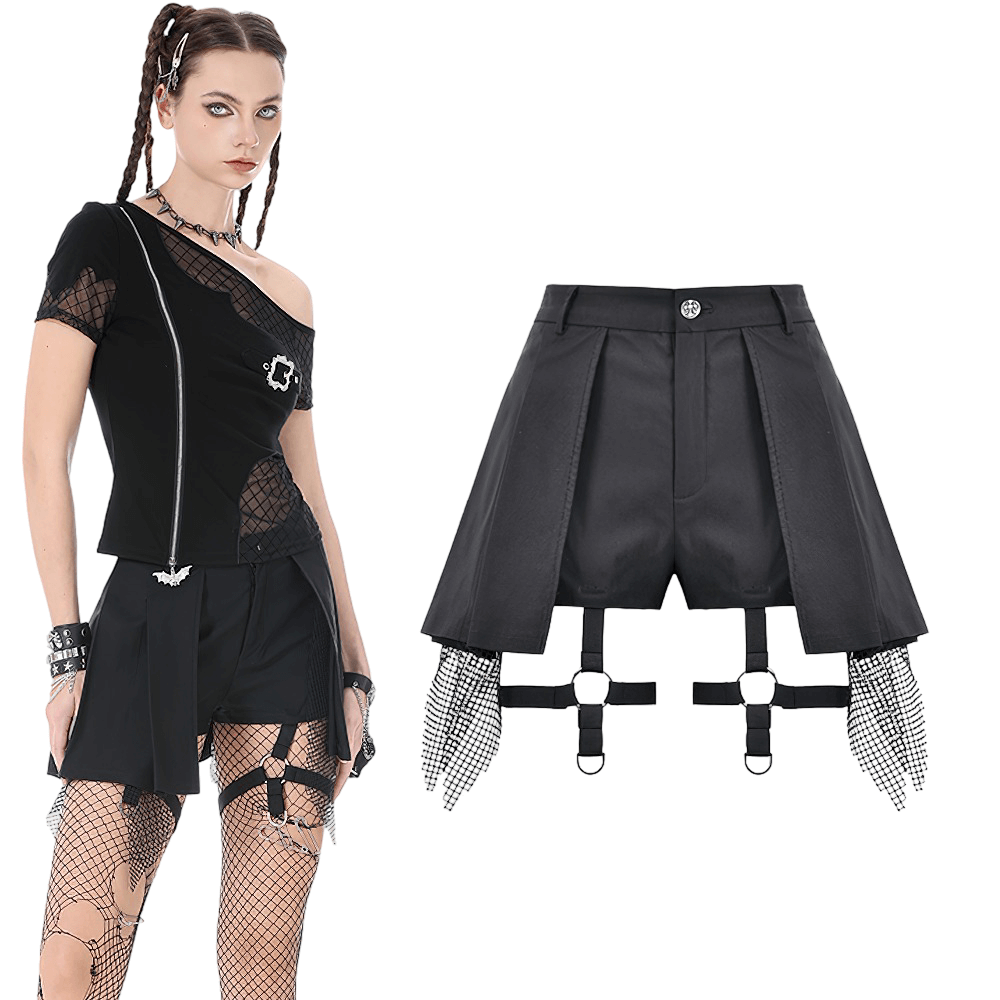Black Gothic Netting Suspended Shorts with Belt and Pockets featuring mesh detail and adjustable belt.