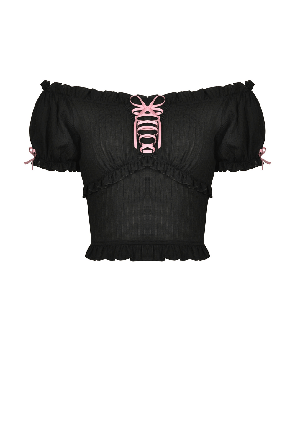 Black gothic off-the-shoulder top with pink ribbon detailing and ruffle accents.