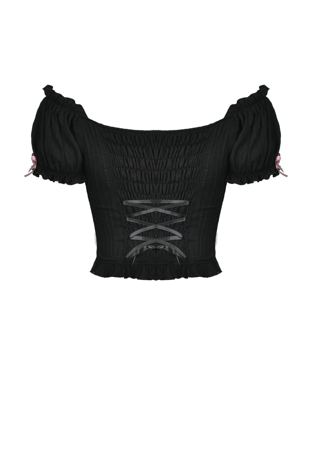Black Gothic off-the-shoulder top with pink ribbon detailing and smocked bodice for a flattering fit.