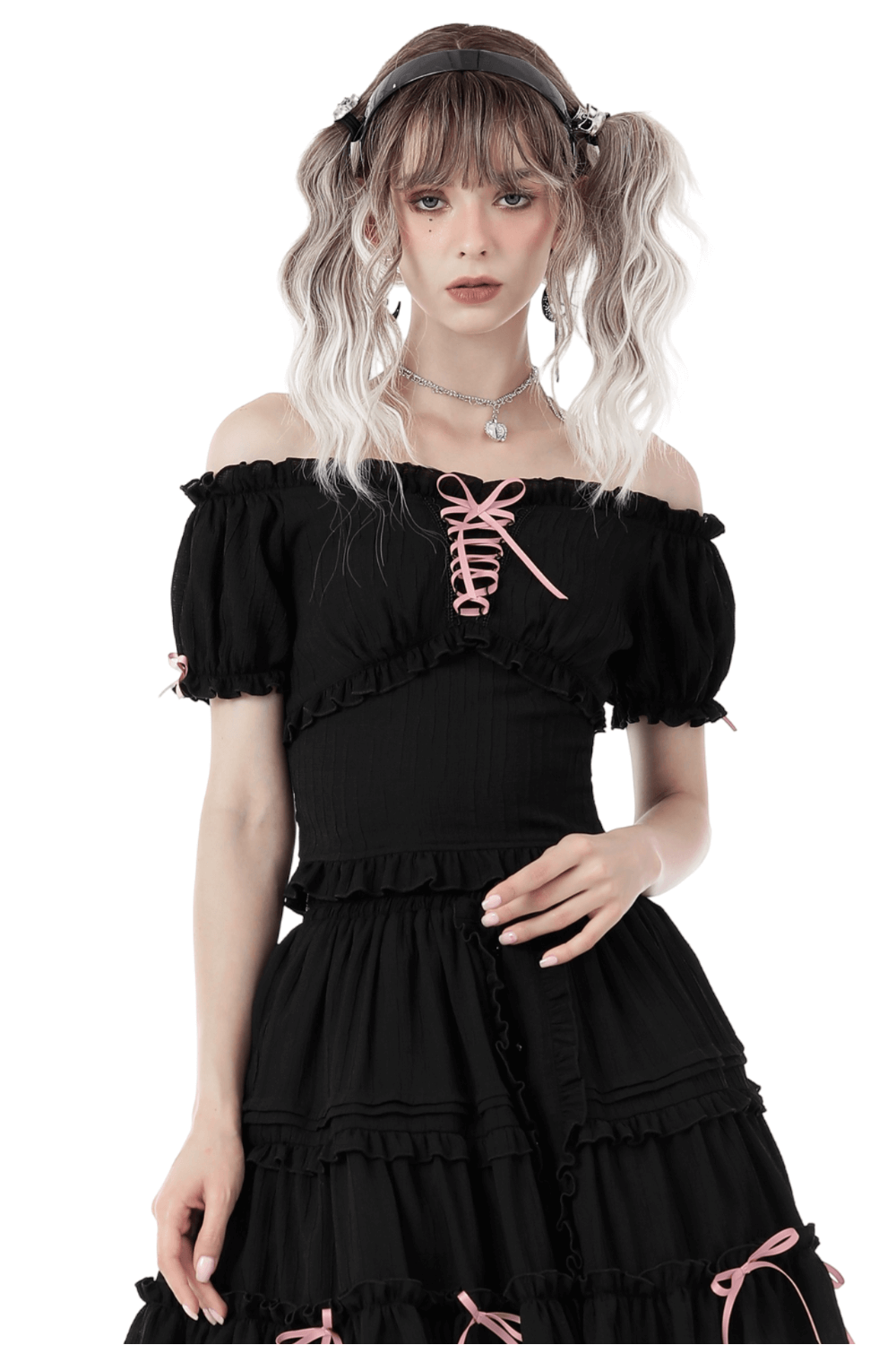 Black Gothic Off-the-Shoulder Top with Pink Ribbon Detailing