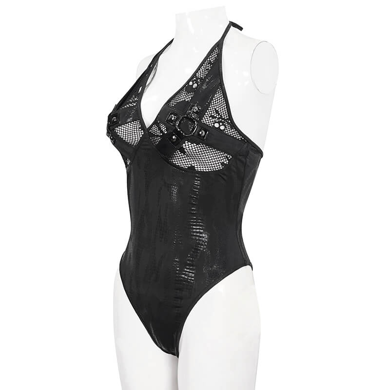 Black gothic one-piece swimsuit with metal loops, perfect for alternative beachwear and showcasing unique style.