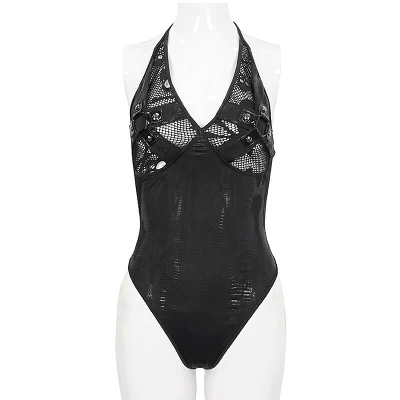 Black gothic one-piece swimsuit with metal loops, perfect for alternative beachwear and a striking summer look.