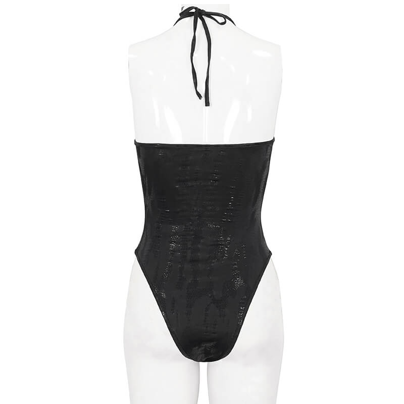 Black Gothic One-Piece Swimsuit with Metal Loops / Alternative Beachwear for Women - HARD'N'HEAVY