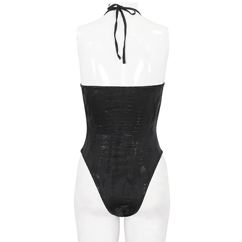 Black gothic one-piece swimsuit with metal loops, showcasing a sleek back view and halter neck design.
