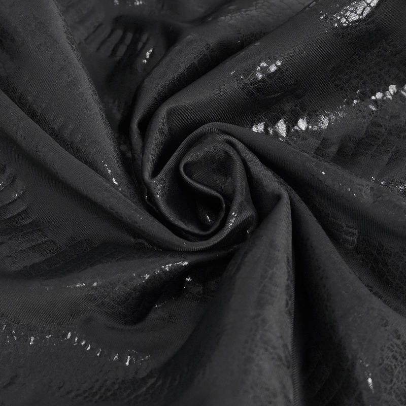 Close-up of glossy black fabric with textured pattern, ideal for a gothic one-piece swimsuit.