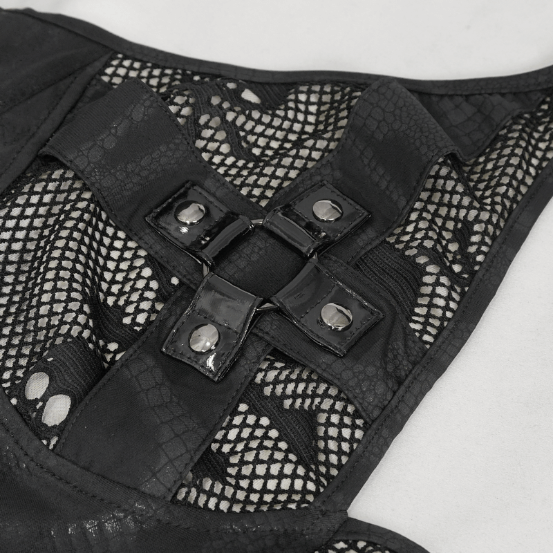 Close-up of a black gothic one-piece swimsuit showcasing unique metal loops and mesh detailing.