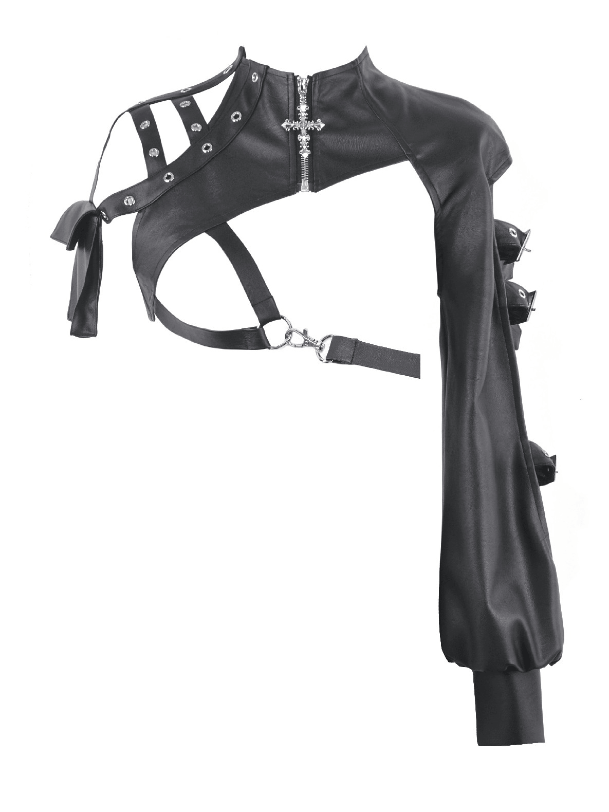 Black Gothic One-Sleeve Bolero with Cross Zip showcasing edgy design, studded straps and a high collar.