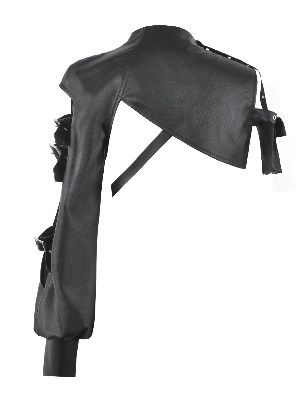 Black Gothic One-Sleeve Bolero with Cross Zip featuring studded straps and asymmetric design.