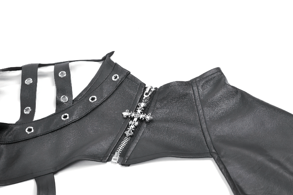 Black Gothic One-Sleeve Bolero with Cross Zip featuring studded straps and a unique zipper design.
