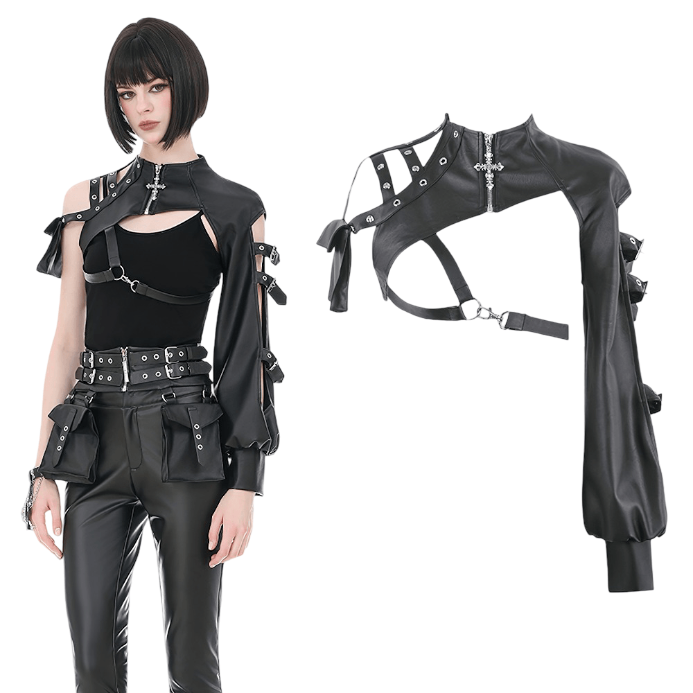Black Gothic One-Sleeve Bolero with Cross Zip featuring studded straps and punk style.