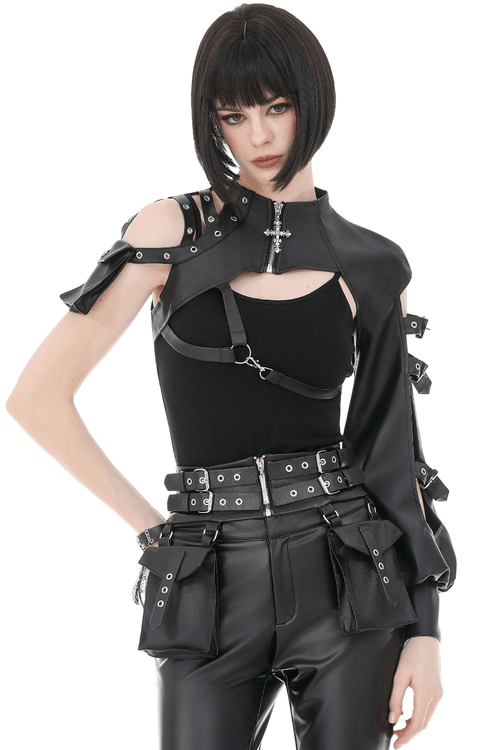 Black Gothic One-Sleeve Bolero with Cross Zip