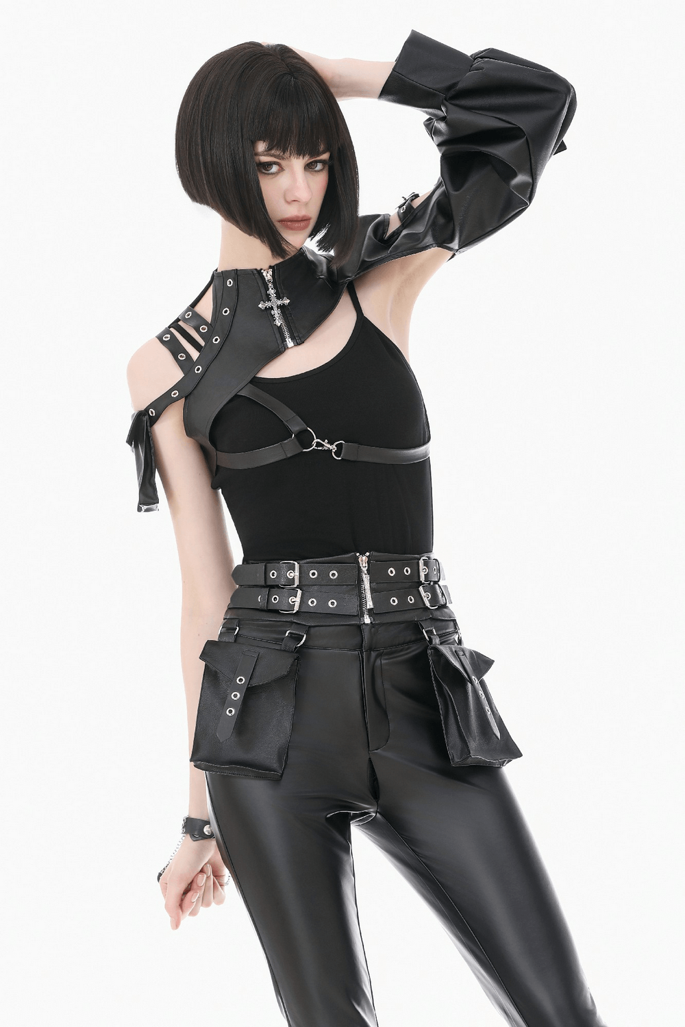Black Gothic One-Sleeve Bolero with Cross Zip showcased on model, featuring asymmetric design and studded details.