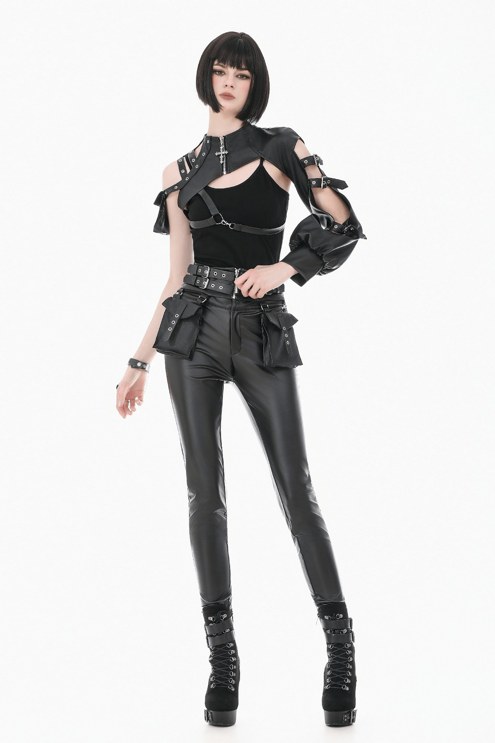Black Gothic One-Sleeve Bolero with Cross Zip worn with stylish faux leather trousers and edgy boots.
