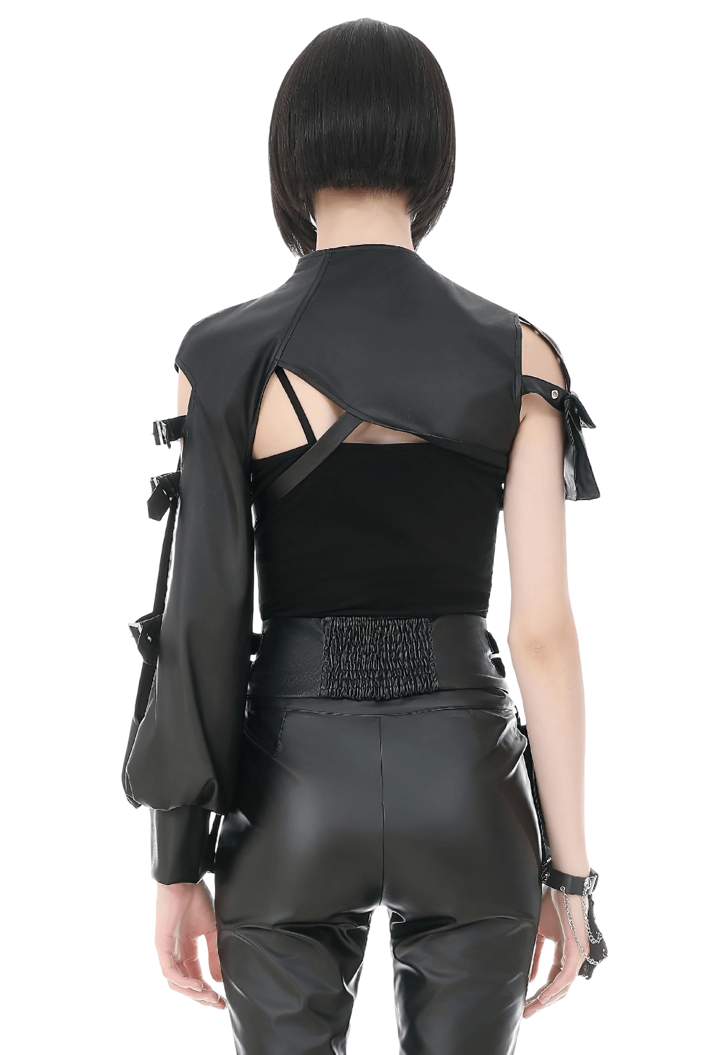 Black Gothic One-Sleeve Bolero with Cross Zip worn from the back, showcasing asymmetrical design and studded details.