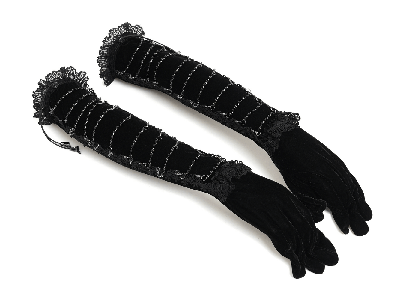 Alt Tag: Black Gothic Opera Gloves with Lace and Chains in black velvet, long above-elbow with lace cuffs and chain wrap detailing