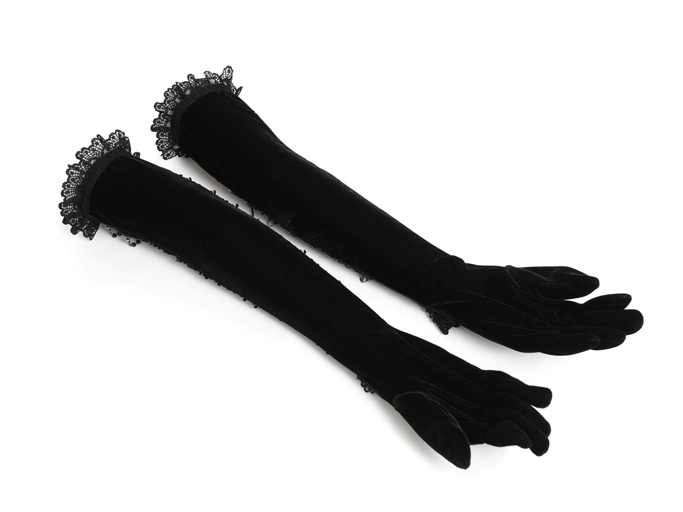 Alt Tag: Black Gothic Opera Gloves with Lace and Chains, long black velvet over-elbow gloves with lace cuffs and chain trim on white background