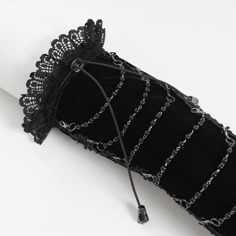 Alt Tag: Black Gothic Opera Gloves with Lace and Chains in black velvet with lace cuff and chain wrap detail, Victorian gothic accessory