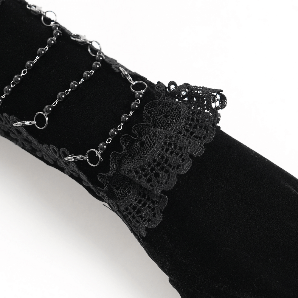 Alt Tag: Black Gothic Opera Gloves with Lace and Chains velvet long gloves with lace cuff and chain wrap detail, above-elbow fit