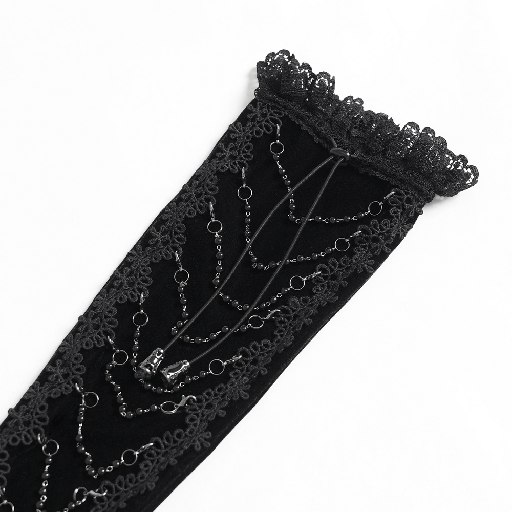 Alt Tag: Black Gothic Opera Gloves with Lace and Chains long velvet glove with lace cuff and chain wrap detailing