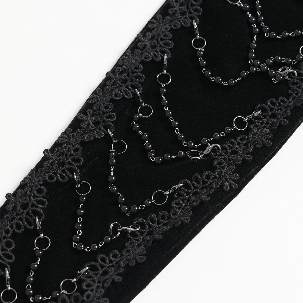 Alt Tag: Black Gothic Opera Gloves with Lace and Chains close-up, black velvet with lace trim and draped chain detailing