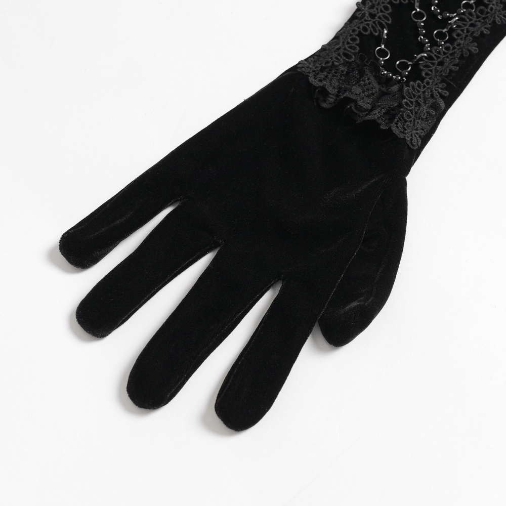 Alt Tag: Black Gothic Opera Gloves with Lace and Chains, black velvet long gloves with lace cuff and chain detail for Victorian goth cosplay