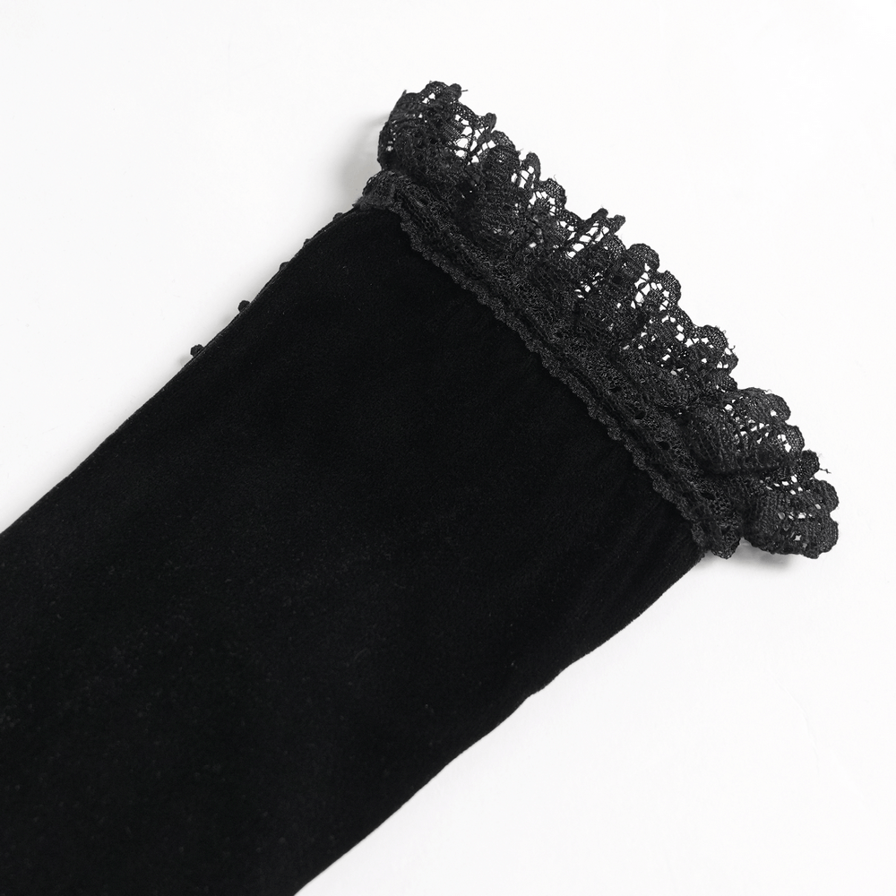 Alt Tag: Black Gothic Opera Gloves with Lace and Chains velvet close-up with Victorian lace cuff trim for gothic formal cosplay style