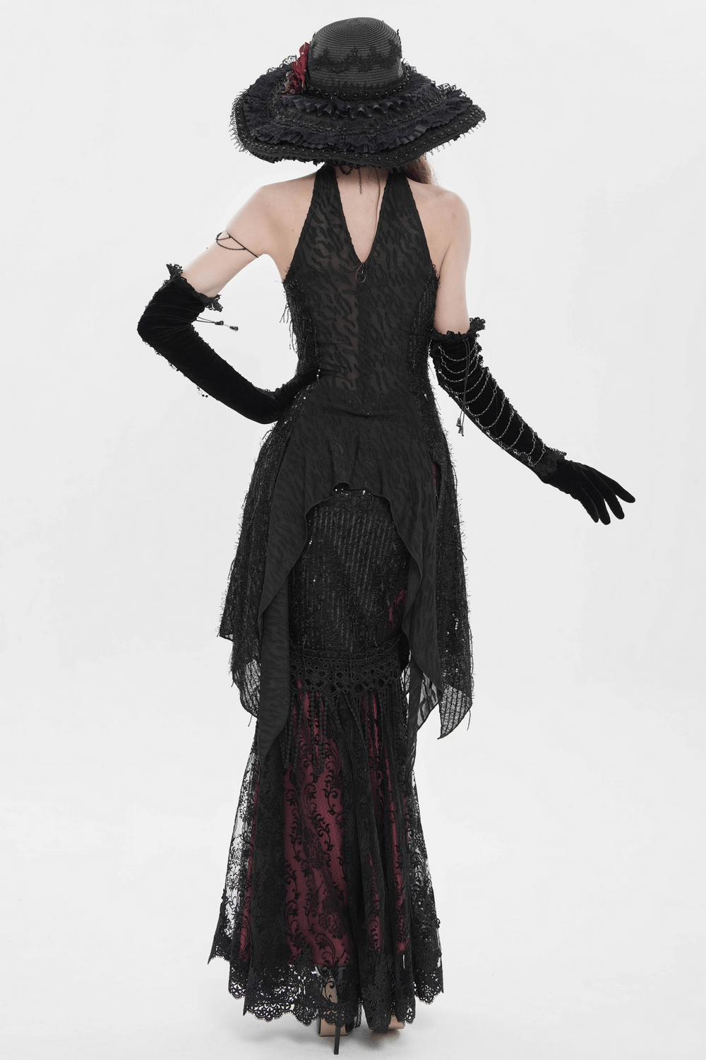 Alt Tag: Black Gothic Opera Gloves with Lace and Chains on model in black lace Victorian gown, long velvet gloves with lace cuffs and chain wrap