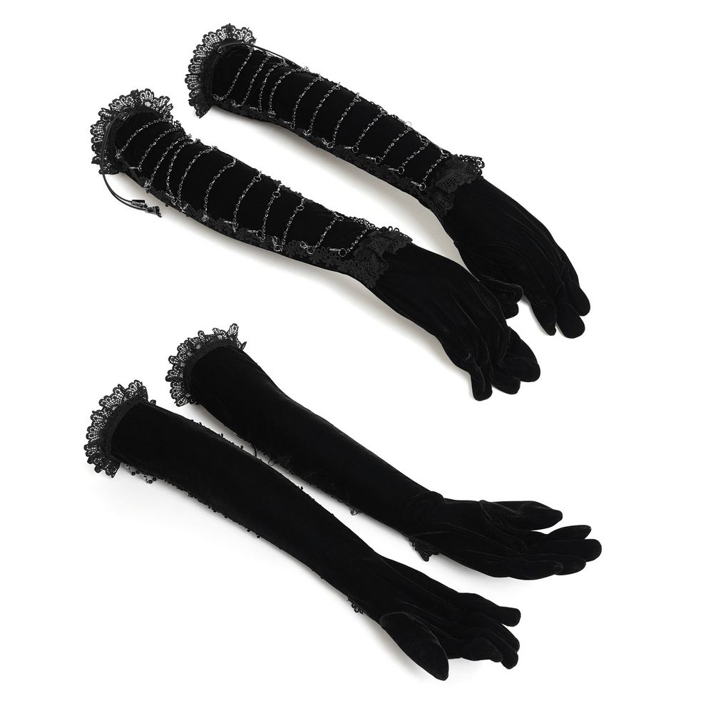 Alt Tag: Black Gothic Opera Gloves with Lace and Chains, long velvet Victorian gloves with lace cuffs and chain wrap, above-elbow fit