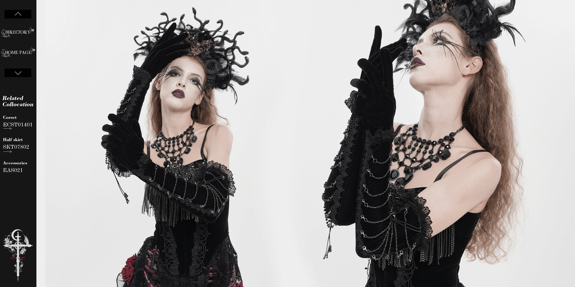 Alt Tag: Black Gothic Opera Gloves with Lace and Chains on model, long velvet gloves with lace cuffs and chain wrap, dramatic Victorian goth look
