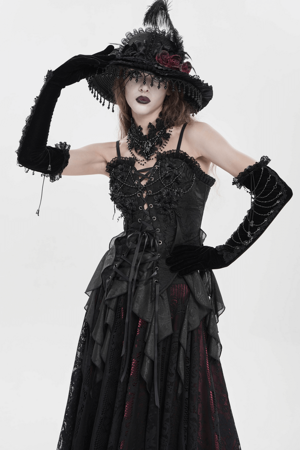 Alt Tag: Black Gothic Opera Gloves with Lace and Chains on model in Victorian gothic dress, lace cuffs, chain-wrapped long velvet gloves