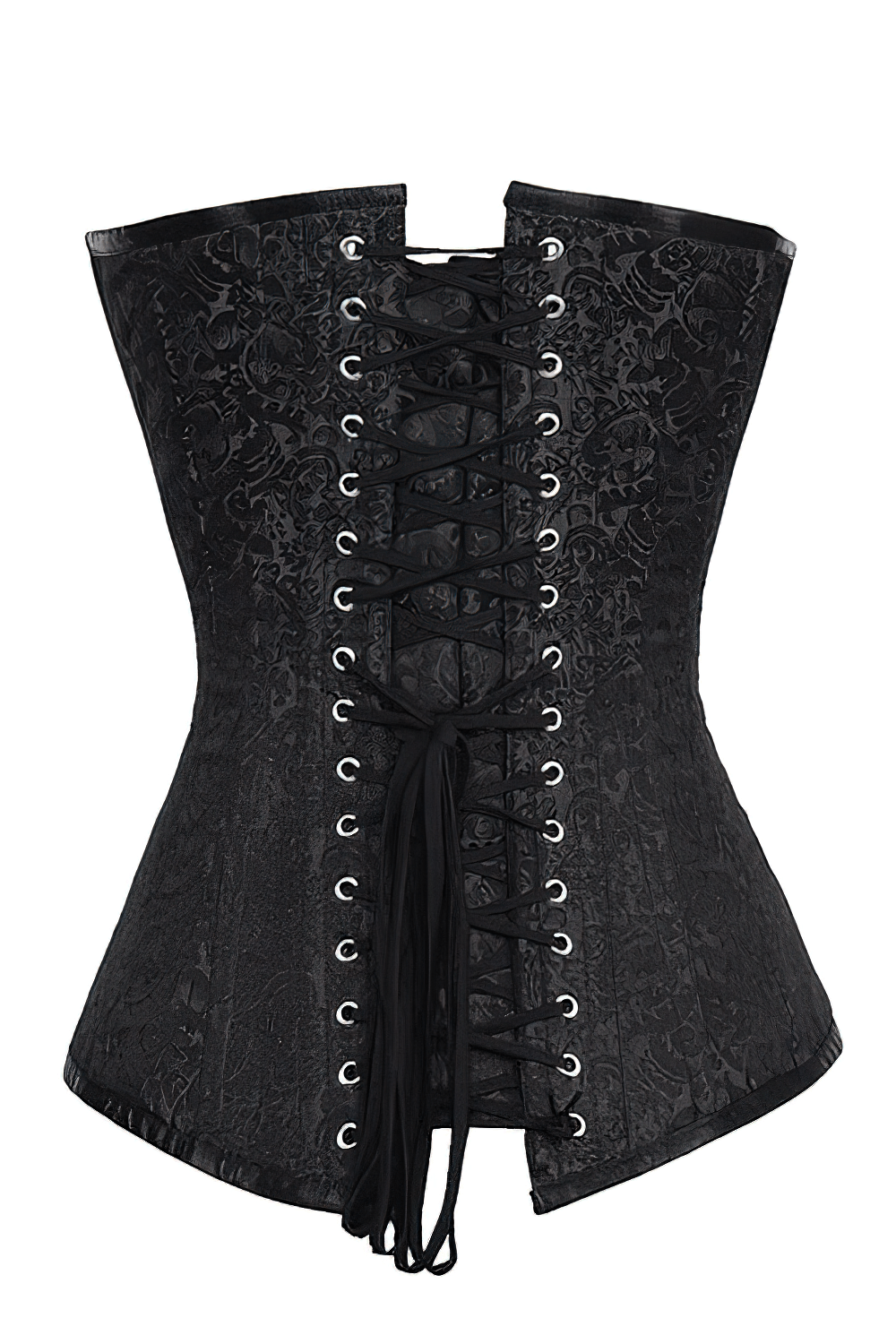 Black Gothic overbust corset with elegant brocade, steel boned design, and intricate lacing for waist training and shaping.