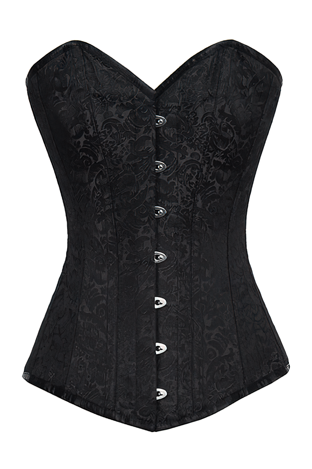 Elegant black gothic overbust corset for waist training with intricate brocade design and secure metal busk front.